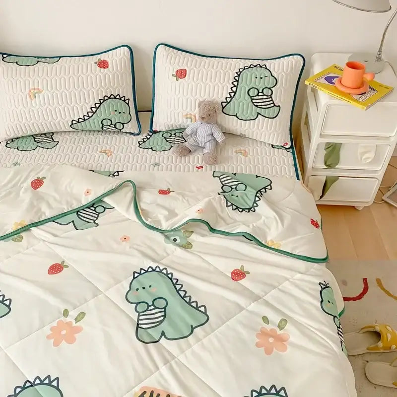 Mint green dinosaur summer quilt and latex fitted sheet set bedroom