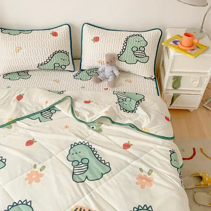 Mint green dinosaur summer quilt and latex fitted sheet set bedroom