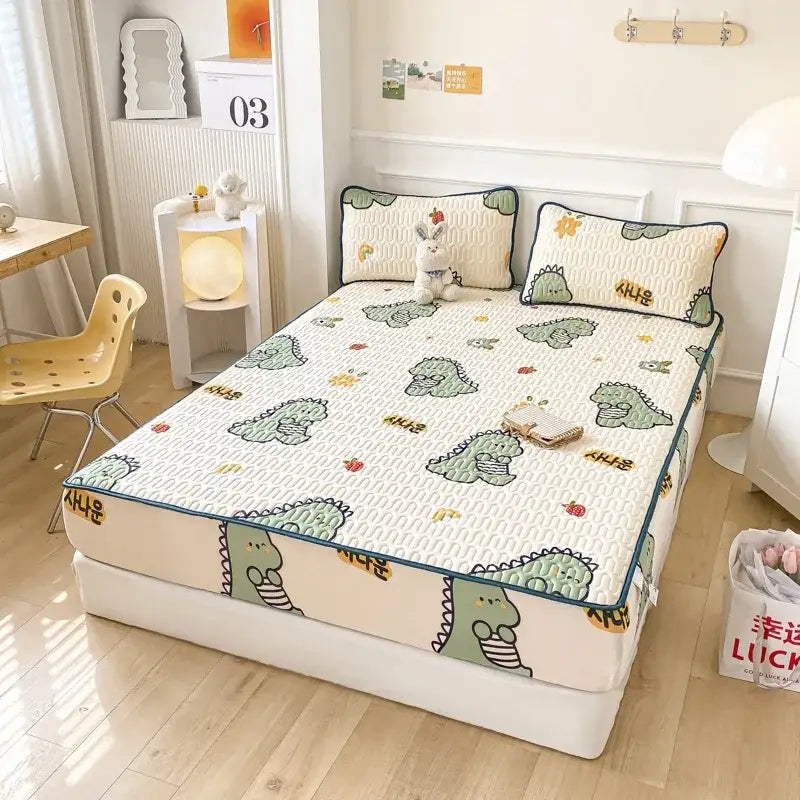 Mint green dinosaur summer quilt and latex fitted sheet set bedroom