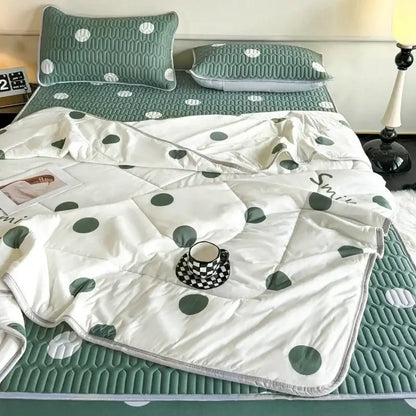 Mint green dinosaur summer quilt and latex fitted sheet set bedroom