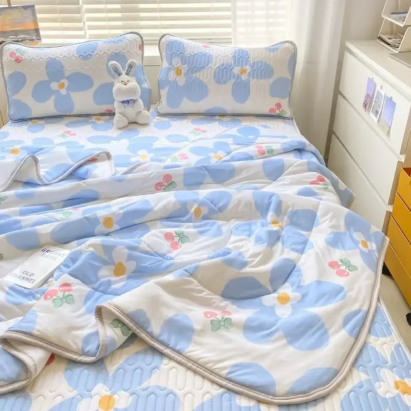 Mint green dinosaur summer quilt and latex fitted sheet set bedroom