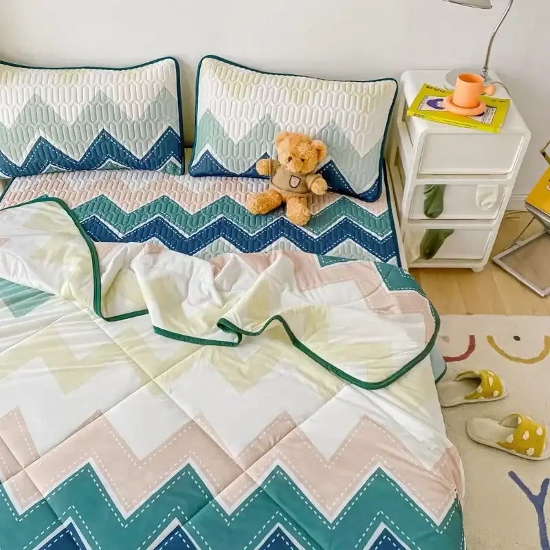 Mint green dinosaur summer quilt and latex fitted sheet set bedroom