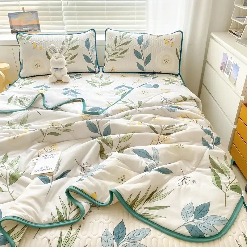 Mint green dinosaur summer quilt and latex fitted sheet set bedroom