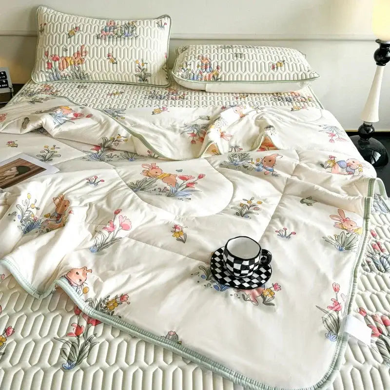 Mint green dinosaur summer quilt and latex fitted sheet set bedroom