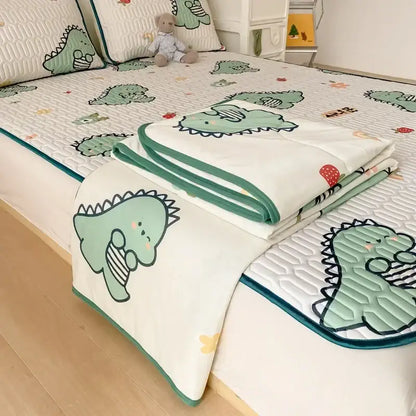 Mint green dinosaur summer quilt and latex fitted sheet set bedroom