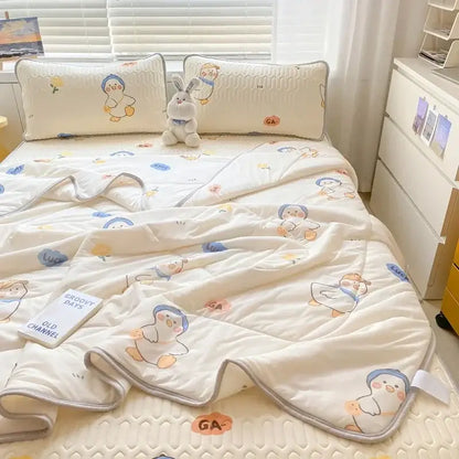 Mint green dinosaur summer quilt and latex fitted sheet set bedroom