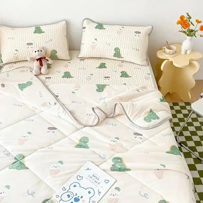 Mint green dinosaur summer quilt and latex fitted sheet set bedroom