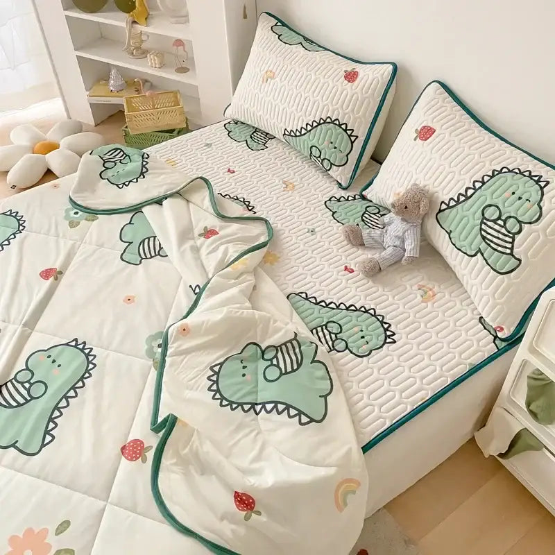 Mint green dinosaur summer quilt and latex fitted sheet set bedroom