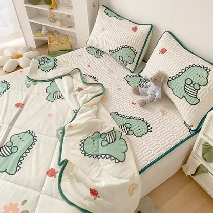 Mint green dinosaur summer quilt and latex fitted sheet set bedroom