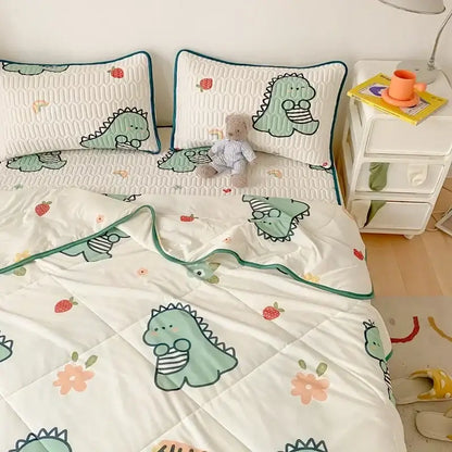 Mint green dinosaur summer quilt and latex fitted sheet set bedroom