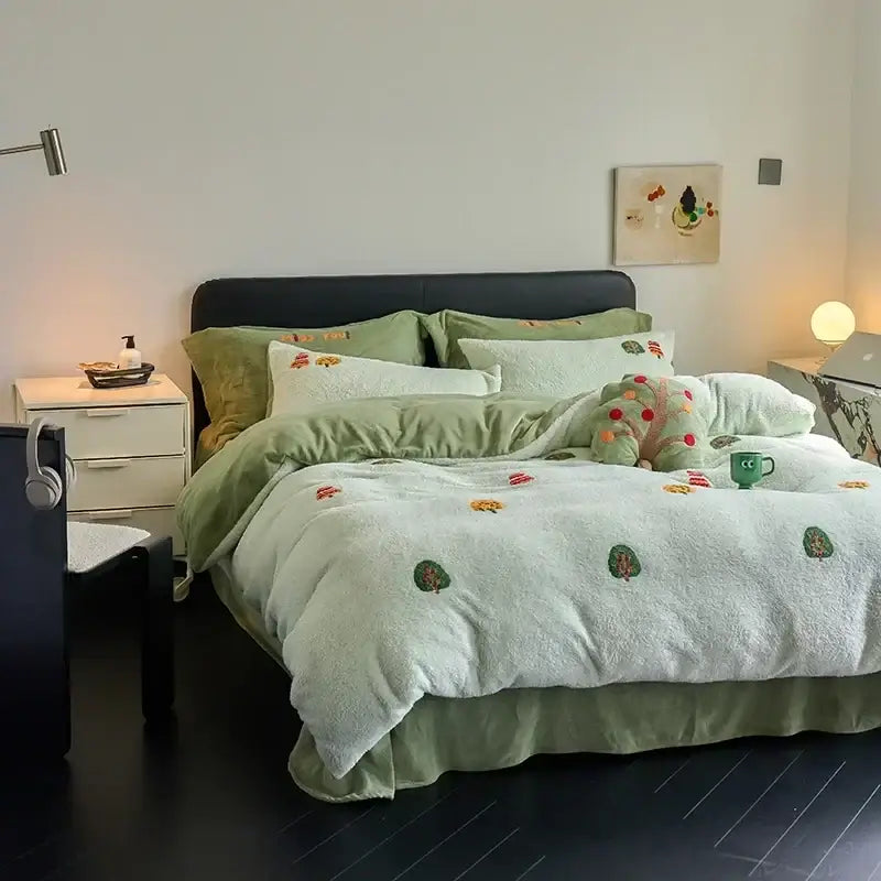 Mint green embroidered matte ant velvet duvet set bedroom blanket