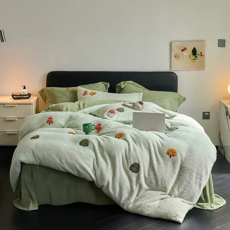 Mint green embroidered matte ant velvet duvet set bedroom blanket