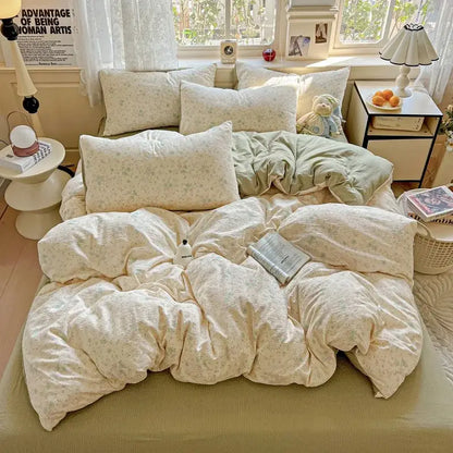 Mint green floral double layer yarn duvet cover set bedroom