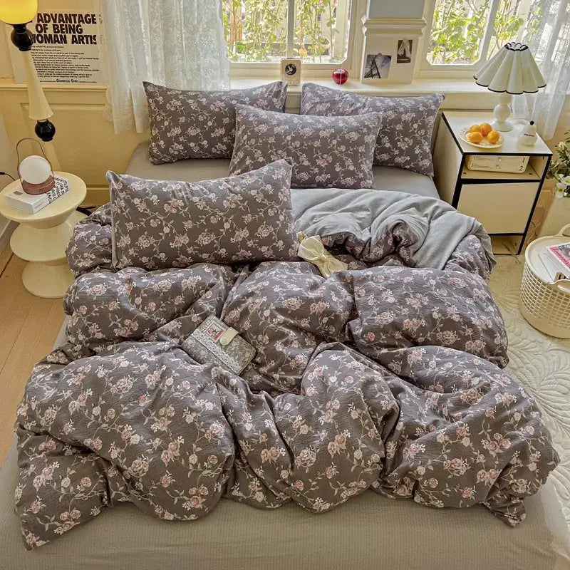 Mint green floral double layer yarn duvet cover set bedroom