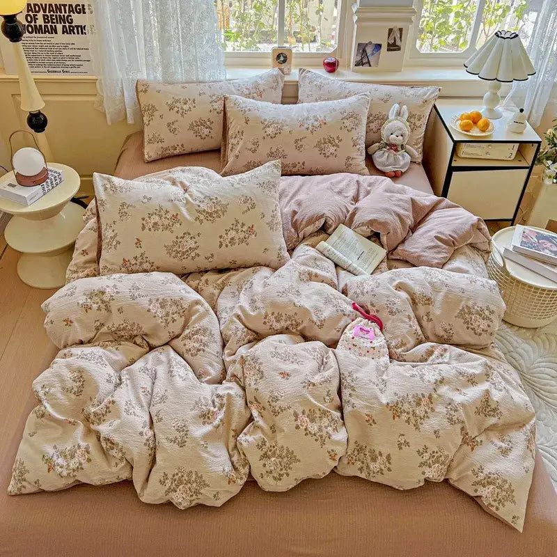Mint green floral double layer yarn duvet cover set bedroom