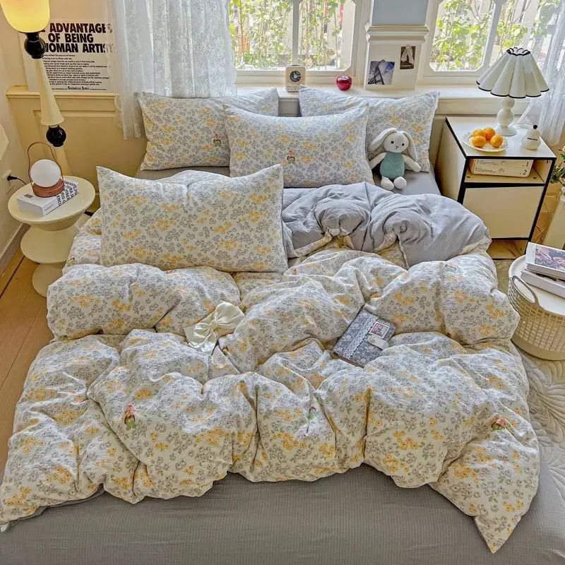 Mint green floral double layer yarn duvet cover set bedroom