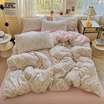Mint green floral double layer yarn duvet cover set bedroom