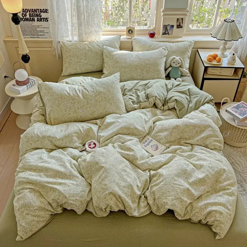 Mint green floral double layer yarn duvet cover set bedroom