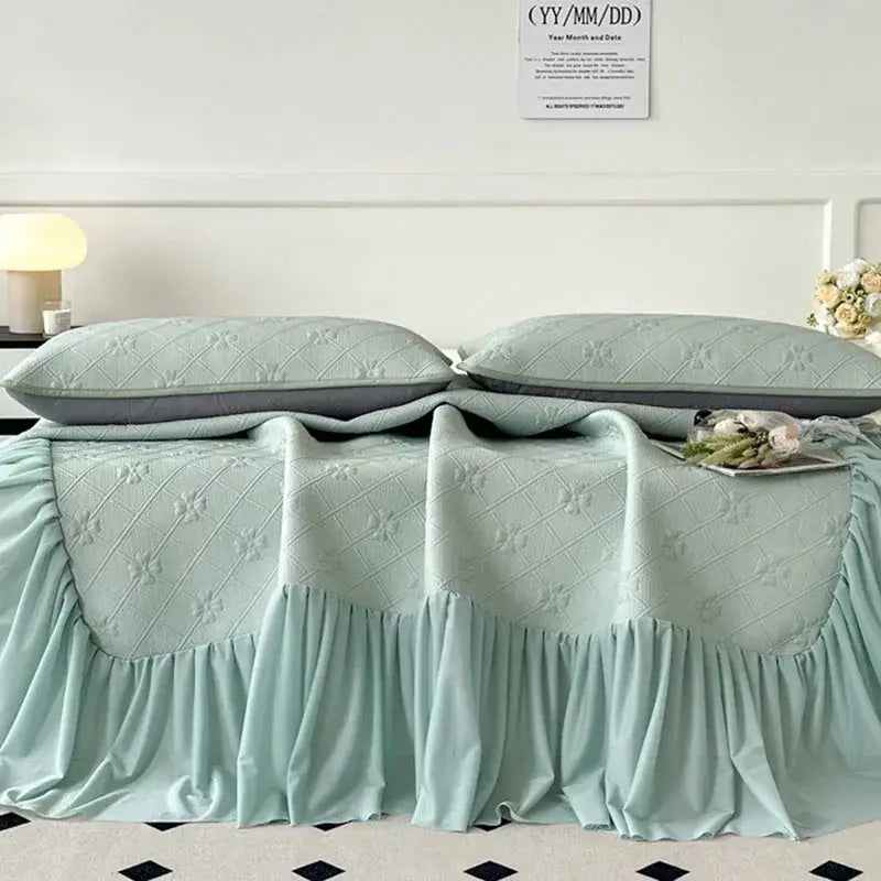Mint green floral quilted bed skirt set bedroom mattress mat