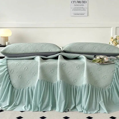 Mint green floral quilted bed skirt set bedroom mattress mat