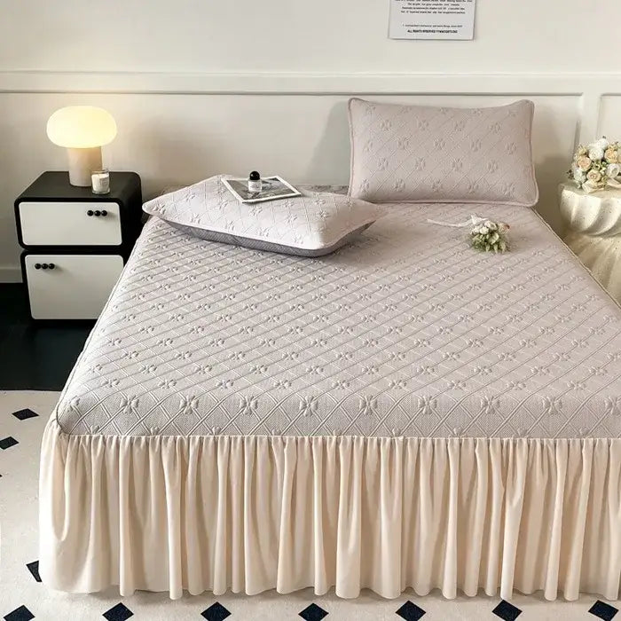 Mint green floral quilted bed skirt set bedroom mattress mat