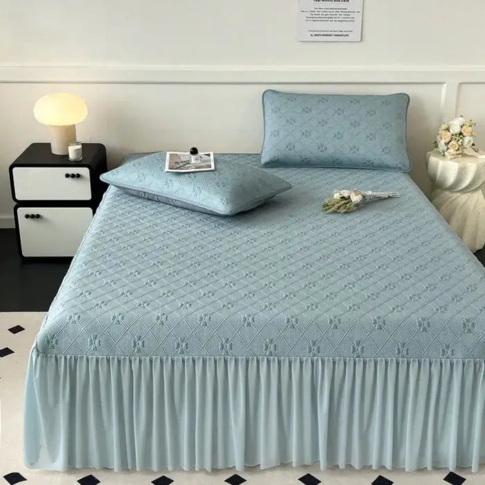 Mint green floral quilted bed skirt set bedroom mattress mat