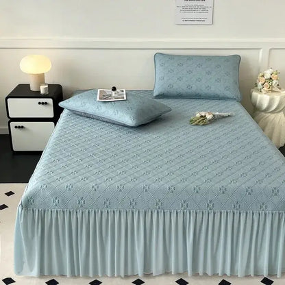 Mint green floral quilted bed skirt set bedroom mattress mat