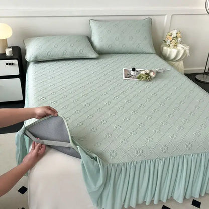 Mint green floral quilted bed skirt set bedroom mattress mat