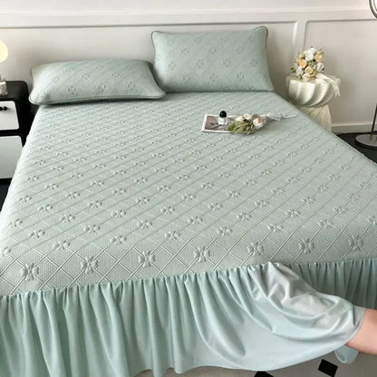 Mint green floral quilted bed skirt set bedroom mattress mat