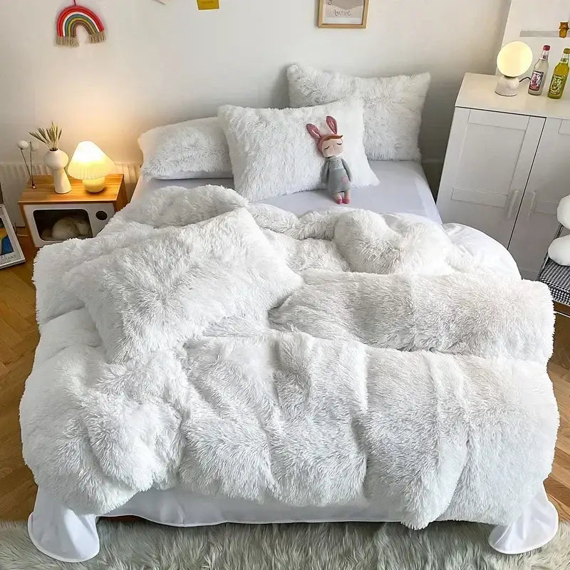 Mint green fluffy faux fur bedding set with heart pillow bedroom