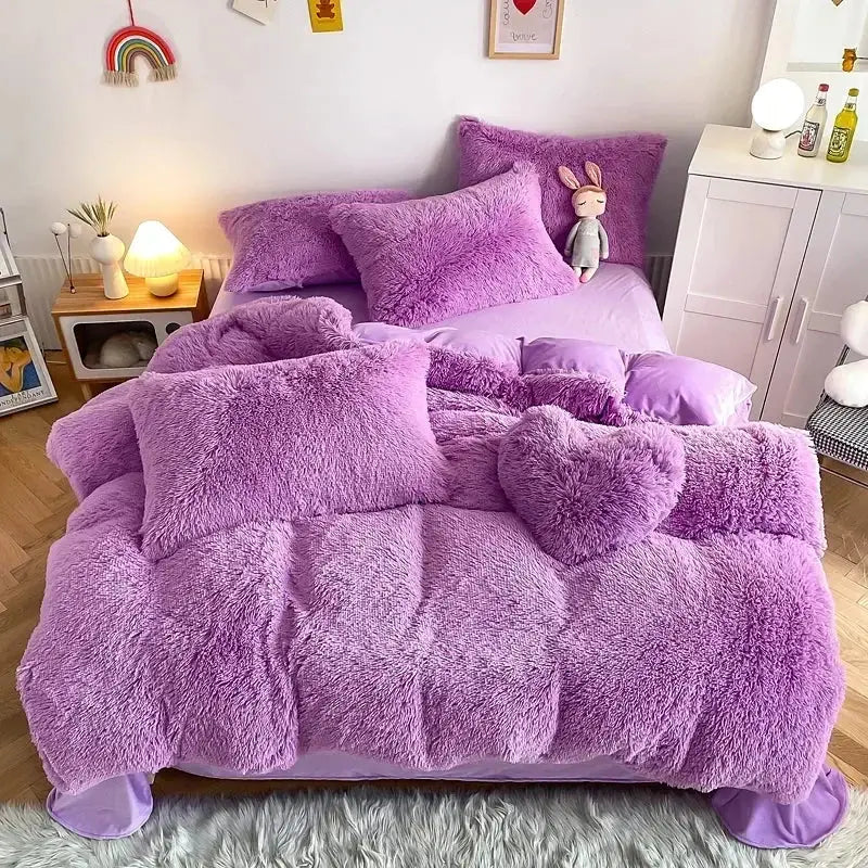 Mint green fluffy faux fur bedding set with heart pillow bedroom
