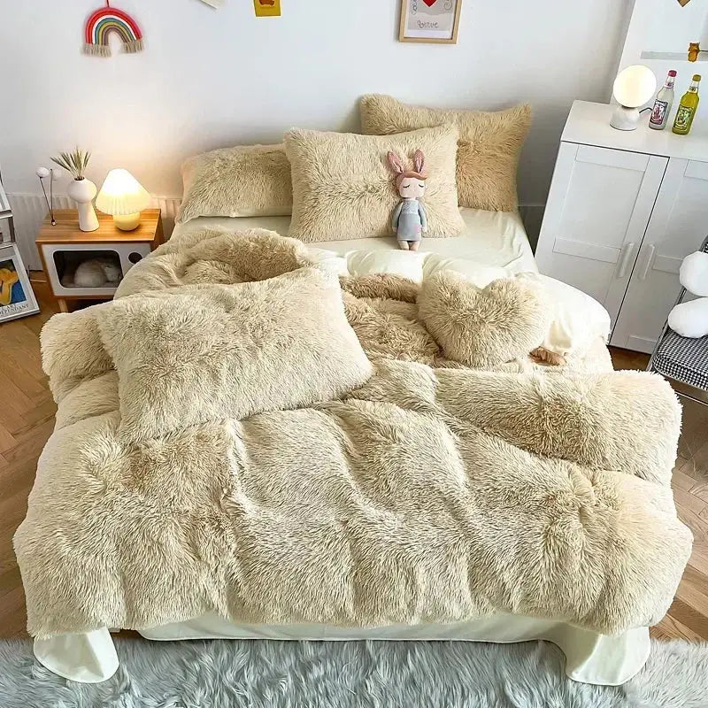 Mint green fluffy faux fur bedding set with heart pillow bedroom