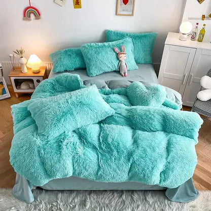 Mint green fluffy faux fur bedding set with heart pillow bedroom