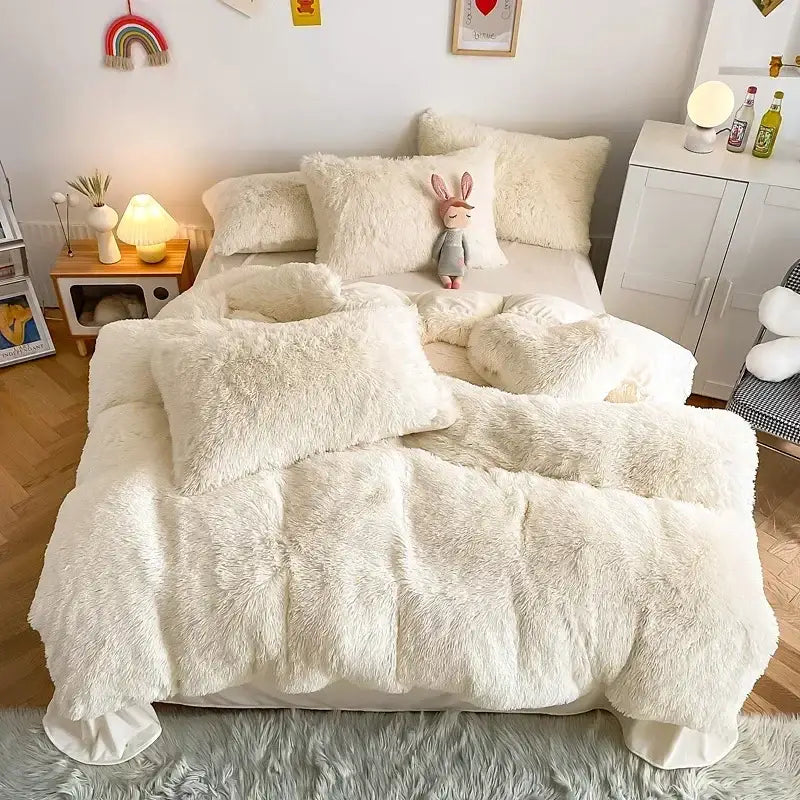 Mint green fluffy faux fur bedding set with heart pillow bedroom