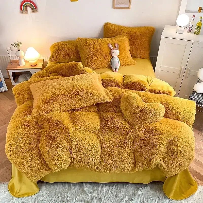 Mint green fluffy faux fur bedding set with heart pillow bedroom