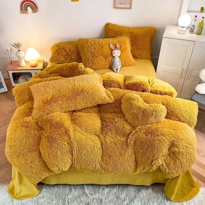 Mint green fluffy faux fur bedding set with heart pillow bedroom