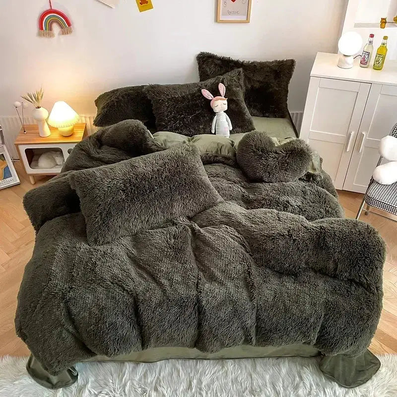 Mint green fluffy faux fur bedding set with heart pillow bedroom