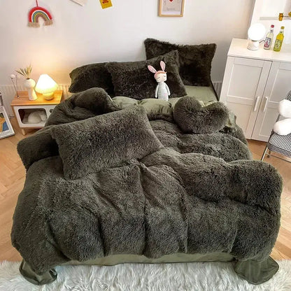 Mint green fluffy faux fur bedding set with heart pillow bedroom