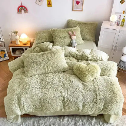 Mint green fluffy faux fur bedding set with heart pillow bedroom