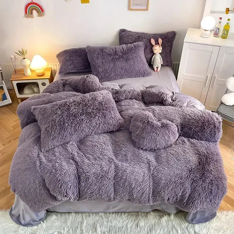 Mint green fluffy faux fur bedding set with heart pillow bedroom