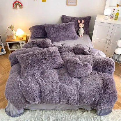 Mint green fluffy faux fur bedding set with heart pillow bedroom