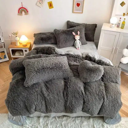Mint green fluffy faux fur bedding set with heart pillow bedroom