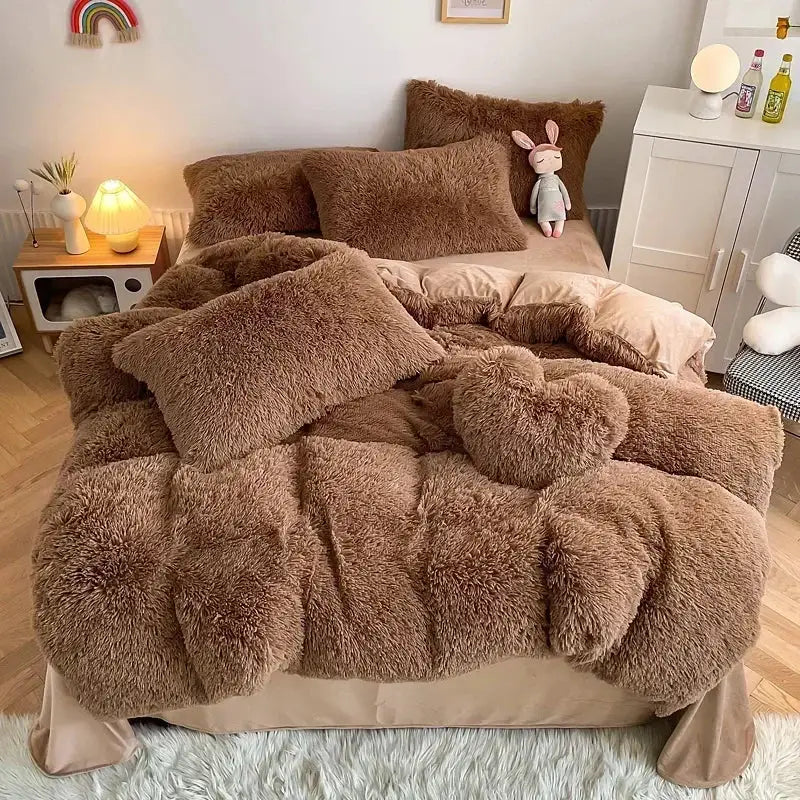 Mint green fluffy faux fur bedding set with heart pillow bedroom