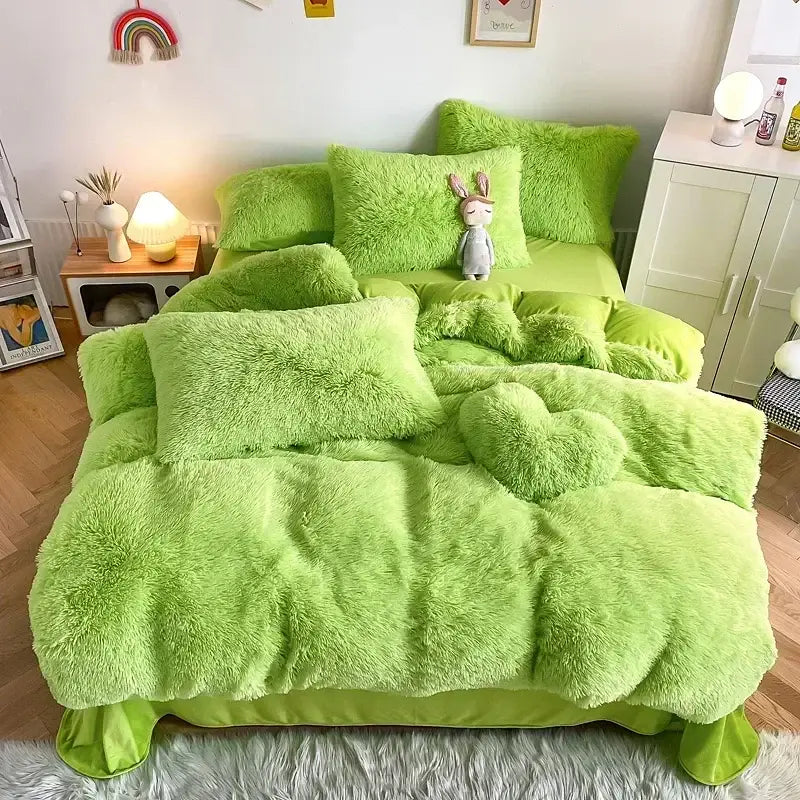 Mint green fluffy faux fur bedding set with heart pillow bedroom