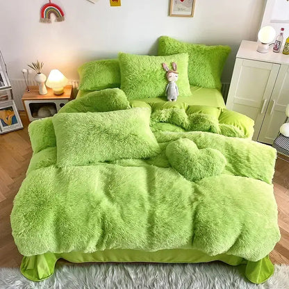 Mint green fluffy faux fur bedding set with heart pillow bedroom
