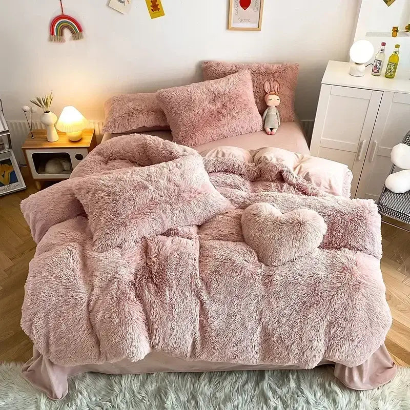 Mint green fluffy faux fur bedding set with heart pillow bedroom