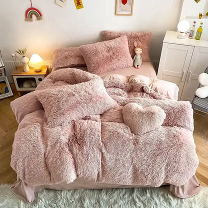 Mint green fluffy faux fur bedding set with heart pillow bedroom
