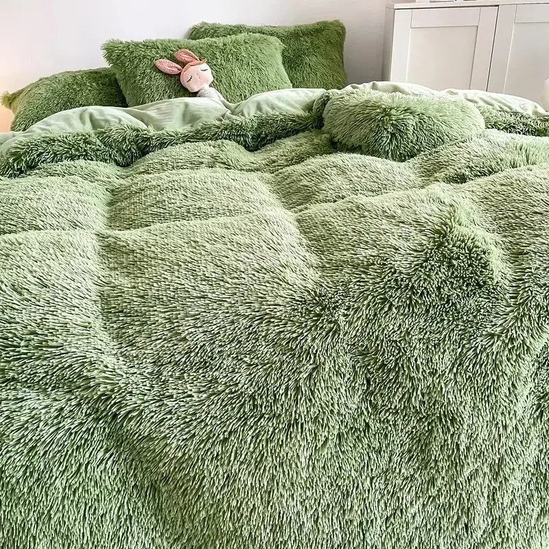 Mint green fluffy faux fur bedding set with heart pillow bedroom