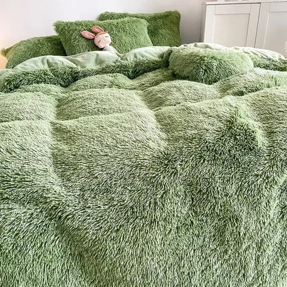 Mint green fluffy faux fur bedding set with heart pillow bedroom