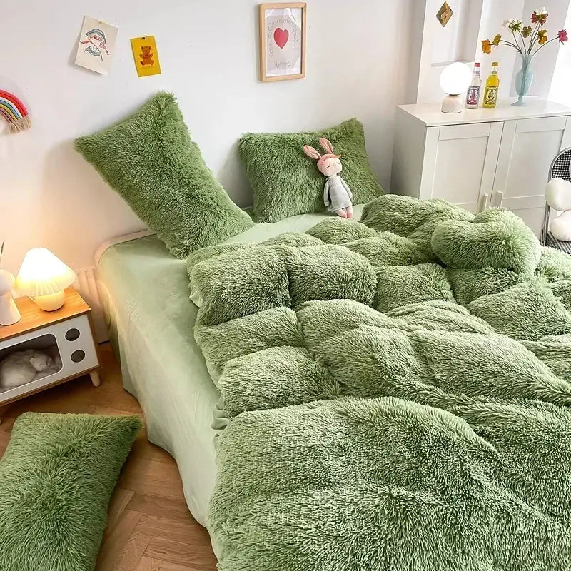 Mint green fluffy faux fur bedding set with heart pillow bedroom
